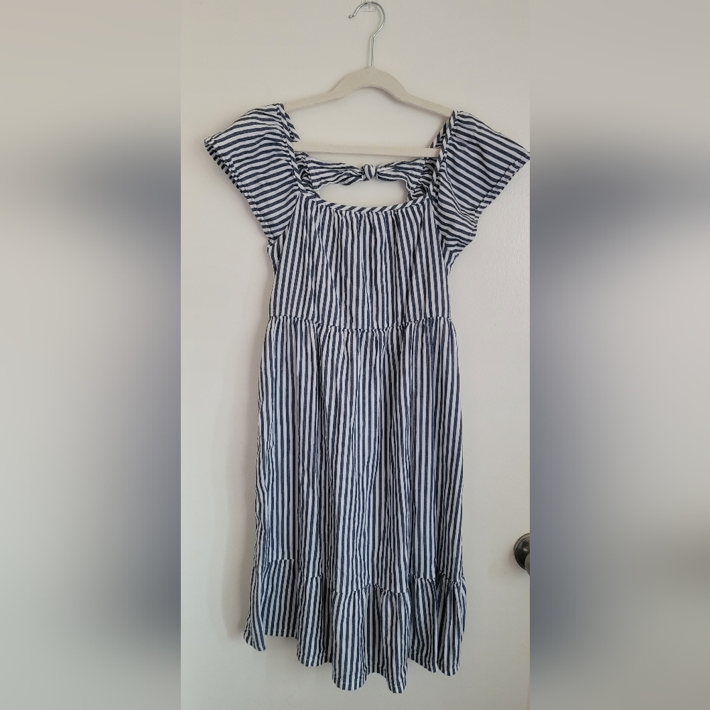 Old Navy Dress Girls  Size L 10-12 Navy White Flutter Sleeve Striped